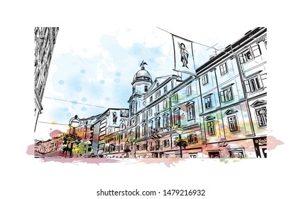 Building view with landmark of Rijeka is a Croatian port city on Kvarner Bay in the northern Adriatic Sea. Watercolor splash with Hand drawn sketch illustration in vector.