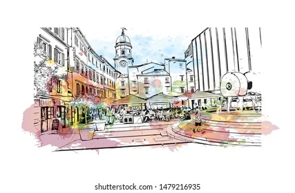 Building view with landmark of Rijeka is a Croatian port city on Kvarner Bay in the northern Adriatic Sea. Watercolor splash with Hand drawn sketch illustration in vector.