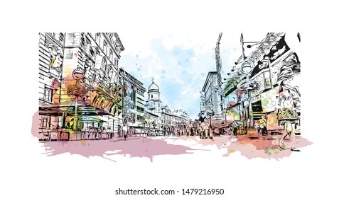 Building view with landmark of Rijeka is a Croatian port city on Kvarner Bay in the northern Adriatic Sea. Watercolor splash with Hand drawn sketch illustration in vector.