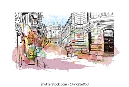 Building view with landmark of Rijeka is a Croatian port city on Kvarner Bay in the northern Adriatic Sea. Watercolor splash with Hand drawn sketch illustration in vector.