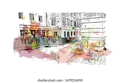 Building view with landmark of Rijeka is a Croatian port city on Kvarner Bay in the northern Adriatic Sea. Watercolor splash with Hand drawn sketch illustration in vector.