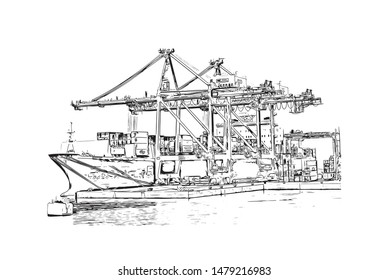 Building view with landmark of Rijeka is a Croatian port city on Kvarner Bay in the northern Adriatic Sea. Hand drawn sketch illustration in vector.