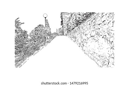 Building view with landmark of Rijeka is a Croatian port city on Kvarner Bay in the northern Adriatic Sea. Hand drawn sketch illustration in vector.
