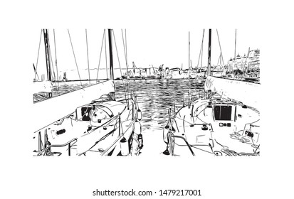 Building view with landmark of Rijeka is a Croatian port city on Kvarner Bay in the northern Adriatic Sea. Hand drawn sketch illustration in vector.