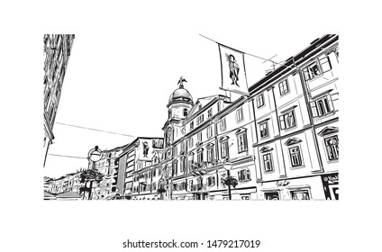 Building view with landmark of Rijeka is a Croatian port city on Kvarner Bay in the northern Adriatic Sea. Hand drawn sketch illustration in vector.