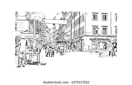 Building view with landmark of Rijeka is a Croatian port city on Kvarner Bay in the northern Adriatic Sea. Hand drawn sketch illustration in vector.