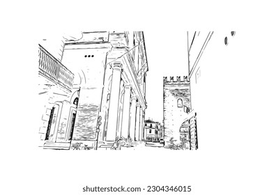 Building view with landmark of  Rimini is the city in Italy. Hand drawn sketch illustration in vector.