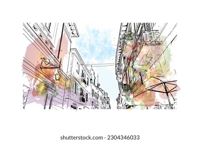 Building view with landmark of  Rimini is the city in Italy. Watercolor splash with hand drawn sketch illustration in vector.