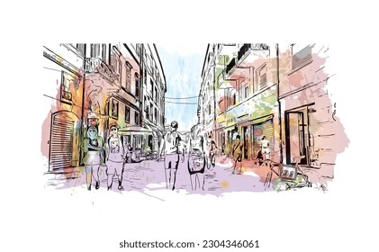 Building view with landmark of  Rimini is the city in Italy. Watercolor splash with hand drawn sketch illustration in vector.