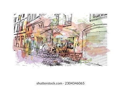 Building view with landmark of  Rimini is the city in Italy. Watercolor splash with hand drawn sketch illustration in vector.
