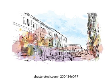 Building view with landmark of  Rimini is the city in Italy. Watercolor splash with hand drawn sketch illustration in vector.