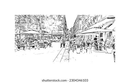 Building view with landmark of  Rimini is the city in Italy. Hand drawn sketch illustration in vector.
