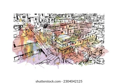 Building view with landmark of Rio de Janeiro is the city in Brazil. Watercolor splash with hand drawn sketch illustration in vector.