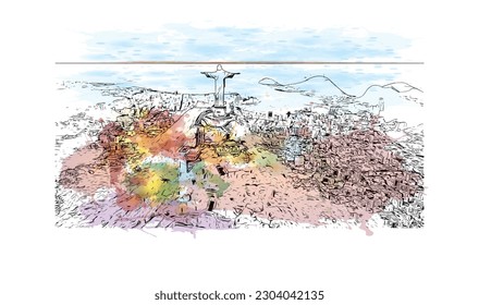 Die Stadt in Brasilien ist ein Ort, an dem man einen Ausblick auf Rio de Janeiro hat. Aquarellspritzer mit handgezeichneter Skizzengrafik in Vektorgrafik.