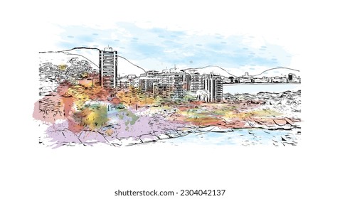 Building view with landmark of Rio de Janeiro is the city in Brazil. Watercolor splash with hand drawn sketch illustration in vector.