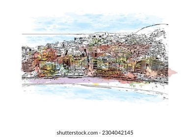 Building view with landmark of Rio de Janeiro is the city in Brazil. Watercolor splash with hand drawn sketch illustration in vector.