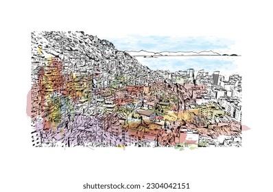 Building view with landmark of Rio de Janeiro is the city in Brazil. Watercolor splash with hand drawn sketch illustration in vector.