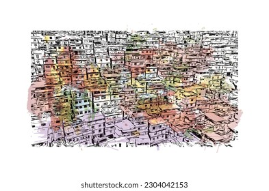 Building view with landmark of Rio de Janeiro is the city in Brazil. Watercolor splash with hand drawn sketch illustration in vector.