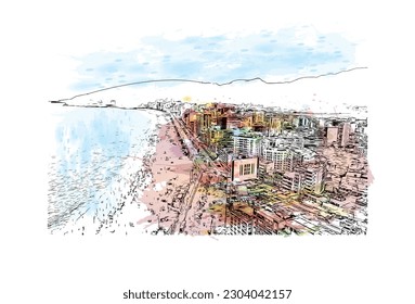 Building view with landmark of Rio de Janeiro is the city in Brazil. Watercolor splash with hand drawn sketch illustration in vector.