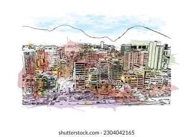 Building view with landmark of Rio de Janeiro is the city in Brazil. Watercolor splash with hand drawn sketch illustration in vector.