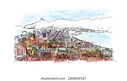 Building view with landmark of Rio de Janeiro is the city in Brazil. Watercolor splash with hand drawn sketch illustration in vector.