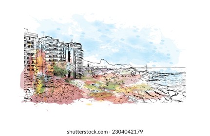 Building view with landmark of Rio de Janeiro is the city in Brazil. Watercolor splash with hand drawn sketch illustration in vector.