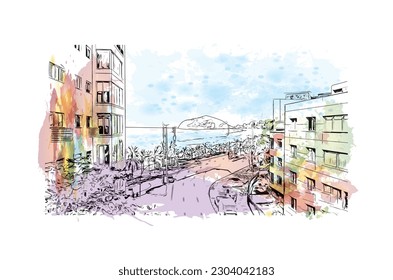 Building view with landmark of Rio de Janeiro is the city in Brazil. Watercolor splash with hand drawn sketch illustration in vector.