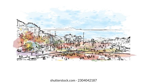 Building view with landmark of Rio de Janeiro is the city in Brazil. Watercolor splash with hand drawn sketch illustration in vector.