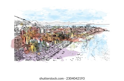 Building view with landmark of Rio de Janeiro is the city in Brazil. Watercolor splash with hand drawn sketch illustration in vector.