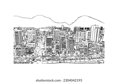 Building view with landmark of Rio de Janeiro is the city in Brazil. Hand drawn sketch illustration in vector.