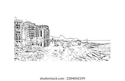 Building view with landmark of Rio de Janeiro is the city in Brazil. Hand drawn sketch illustration in vector.