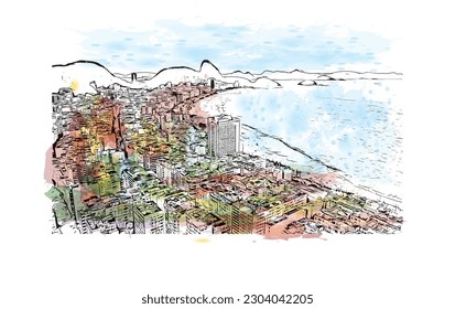 Building view with landmark of Rio de Janeiro is the city in Brazil. Watercolor splash with hand drawn sketch illustration in vector.