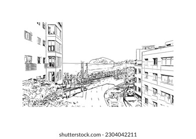 Building view with landmark of Rio de Janeiro is the city in Brazil. Hand drawn sketch illustration in vector.