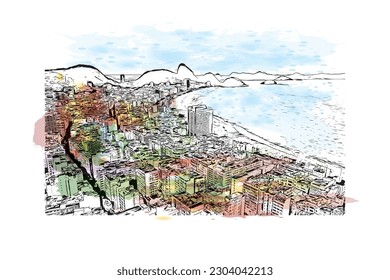 Building view with landmark of Rio de Janeiro is the city in Brazil. Watercolor splash with hand drawn sketch illustration in vector.