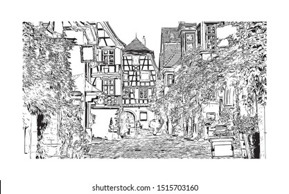 Building view with landmark of Riquewihr is a town on the Alsace Wine Route in eastern France. Hand drawn sketch illustration in vector.