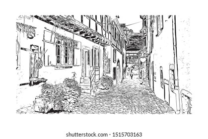 Building view with landmark of Riquewihr is a town on the Alsace Wine Route in eastern France. Hand drawn sketch illustration in vector.