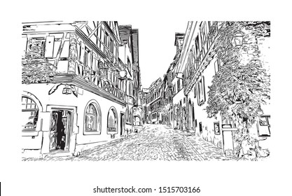 Building view with landmark of Riquewihr is a town on the Alsace Wine Route in eastern France. Hand drawn sketch illustration in vector.