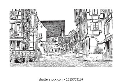 Building view with landmark of Riquewihr is a town on the Alsace Wine Route in eastern France. Hand drawn sketch illustration in vector.