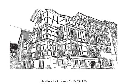 Building view with landmark of Riquewihr is a town on the Alsace Wine Route in eastern France. Hand drawn sketch illustration in vector.