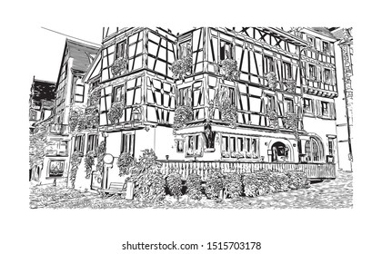 Building view with landmark of Riquewihr is a town on the Alsace Wine Route in eastern France. Hand drawn sketch illustration in vector.