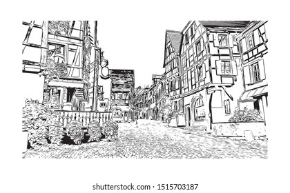 Building view with landmark of Riquewihr is a town on the Alsace Wine Route in eastern France. Hand drawn sketch illustration in vector.