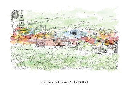 Building view with landmark of Riquewihr is a town on the Alsace Wine Route in eastern France. Watercolor splash with  Hand drawn sketch illustration in vector.
