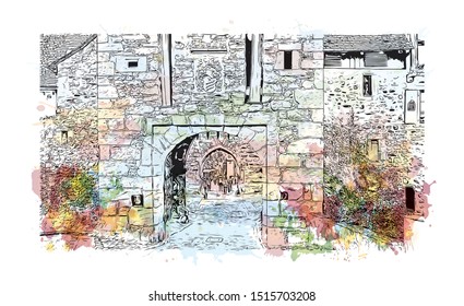Building view with landmark of Riquewihr is a town on the Alsace Wine Route in eastern France. Watercolor splash with  Hand drawn sketch illustration in vector.