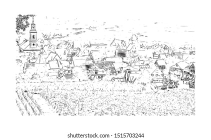 Building view with landmark of Riquewihr is a town on the Alsace Wine Route in eastern France. Hand drawn sketch illustration in vector.