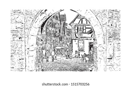 Building view with landmark of Riquewihr is a town on the Alsace Wine Route in eastern France. Hand drawn sketch illustration in vector.