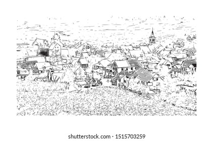 Building view with landmark of Riquewihr is a town on the Alsace Wine Route in eastern France. Hand drawn sketch illustration in vector.