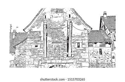 Building view with landmark of Riquewihr is a town on the Alsace Wine Route in eastern France. Hand drawn sketch illustration in vector.