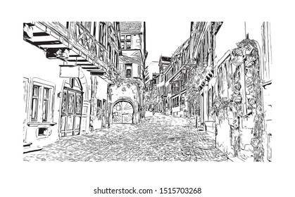 Building view with landmark of Riquewihr is a town on the Alsace Wine Route in eastern France. Hand drawn sketch illustration in vector.