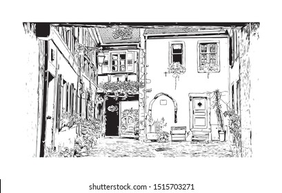 Building view with landmark of Riquewihr is a town on the Alsace Wine Route in eastern France. Hand drawn sketch illustration in vector.