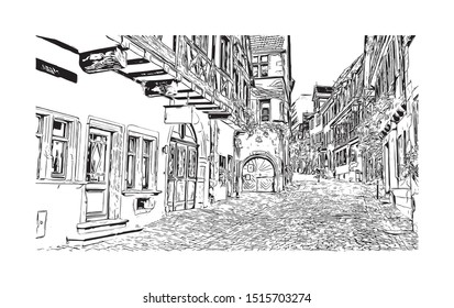 Building view with landmark of Riquewihr is a town on the Alsace Wine Route in eastern France. Hand drawn sketch illustration in vector.